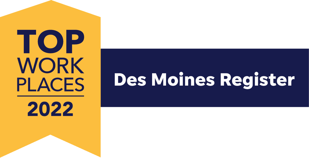 Des Moines Register’s Top Workplaces 2022 award in a yellow and blue graphic banner