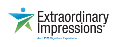 Extraordinary Impressions logo featuring a stylized figure with a blue circle head and green and blue arms and legs
