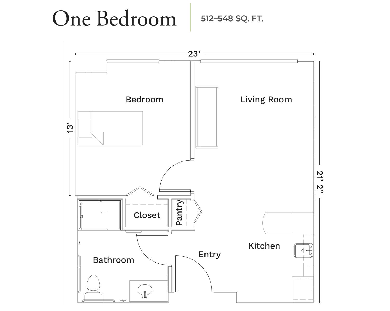 One-bedroom apartment floor plan showing layout of rooms and dimensions