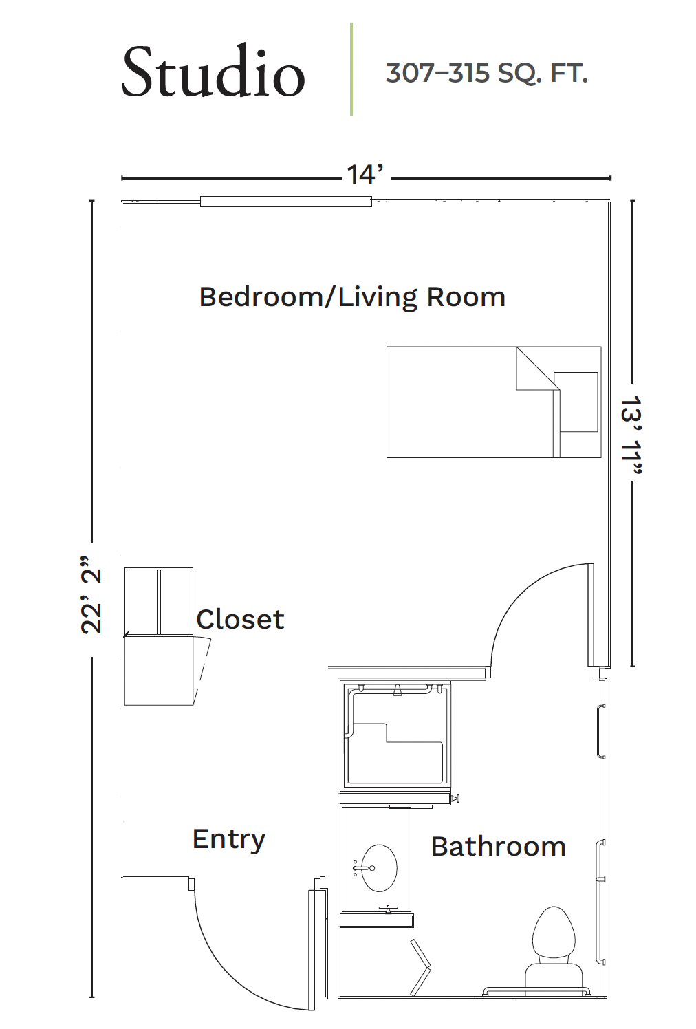 A detailed floor plan of a studio apartment, including bedroom/living room, closet, bathroom, and entry.