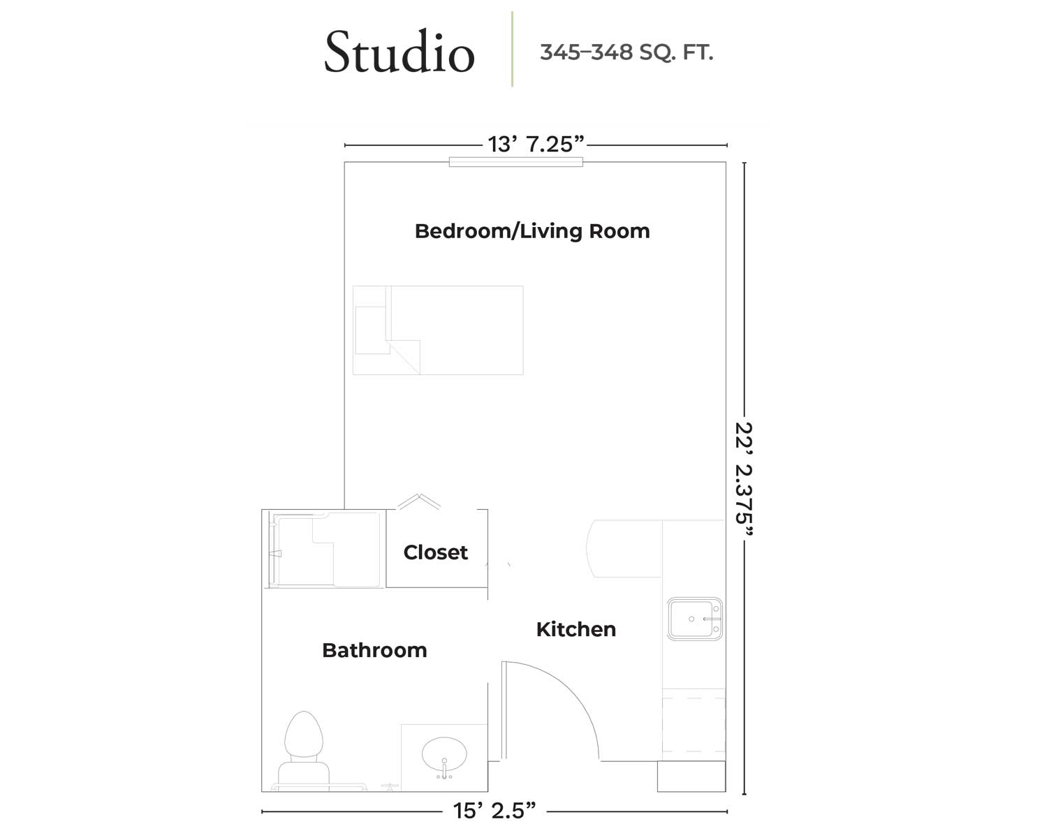 Floor plan of a studio apartment, showing bedroom/living room, kitchen, closet, and bathroom.