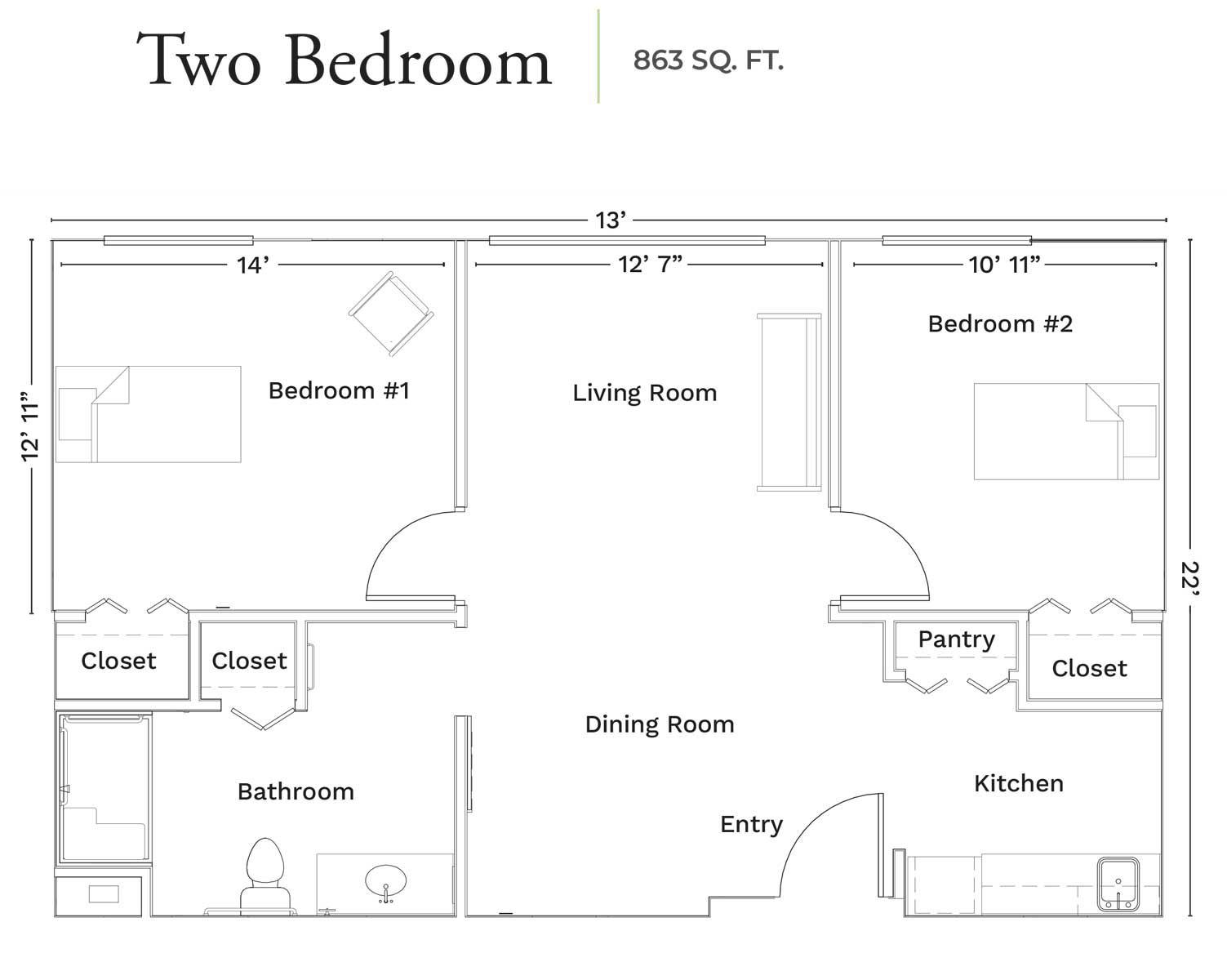 Floor plan of a two-bedroom, 863 sq. ft. apartment with labeled rooms and dimensions.