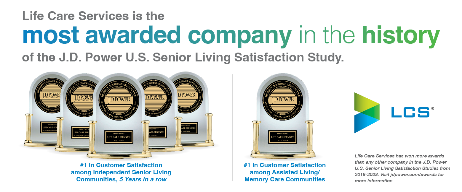 Six J.D. Power awards displayed for Life Care Services, recognized as the most awarded company.